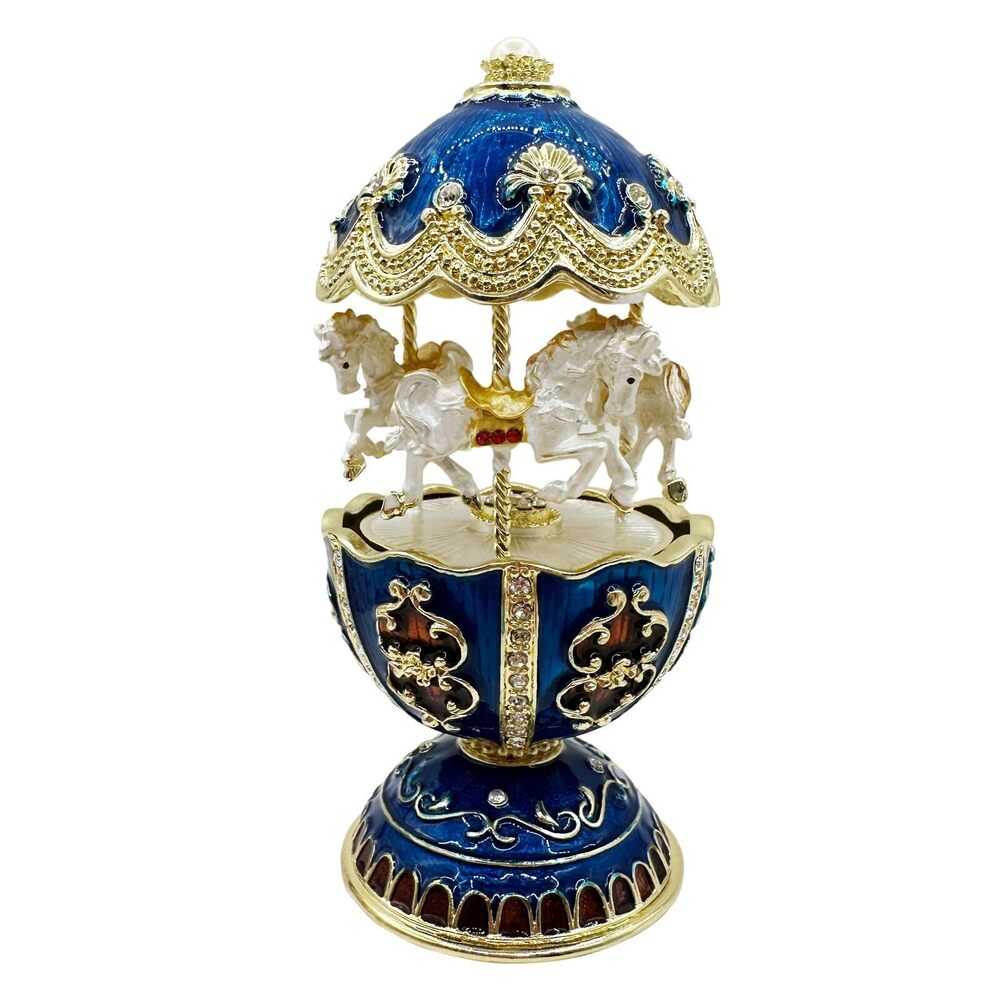 6975 Gilded Blue Carousel Music Box, Rotating Horse Christmas Tune Jewelry